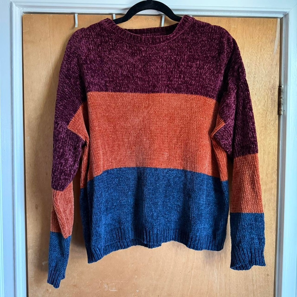Brave Soul London Womens Chenille Colorblock Sweater Burgundy Orange Blue Small
